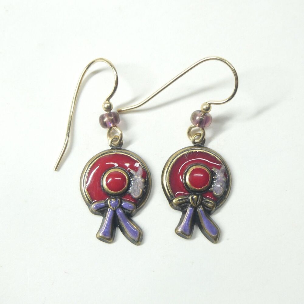 Red Hat Society Enamel Dangle Earrings w/Purple Ribbon